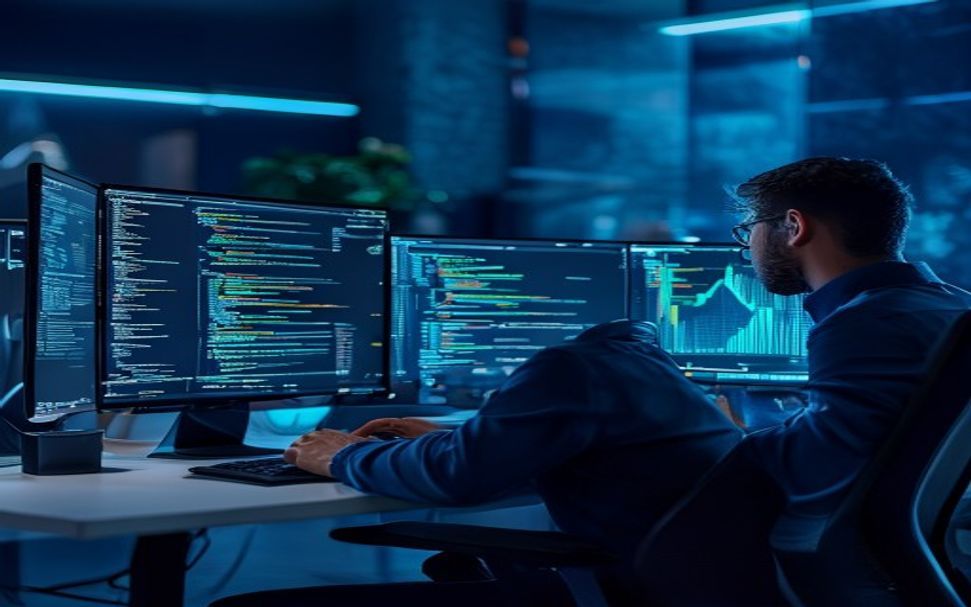 Разработчик изучает отчёт технического аудита сайта на двух мониторах