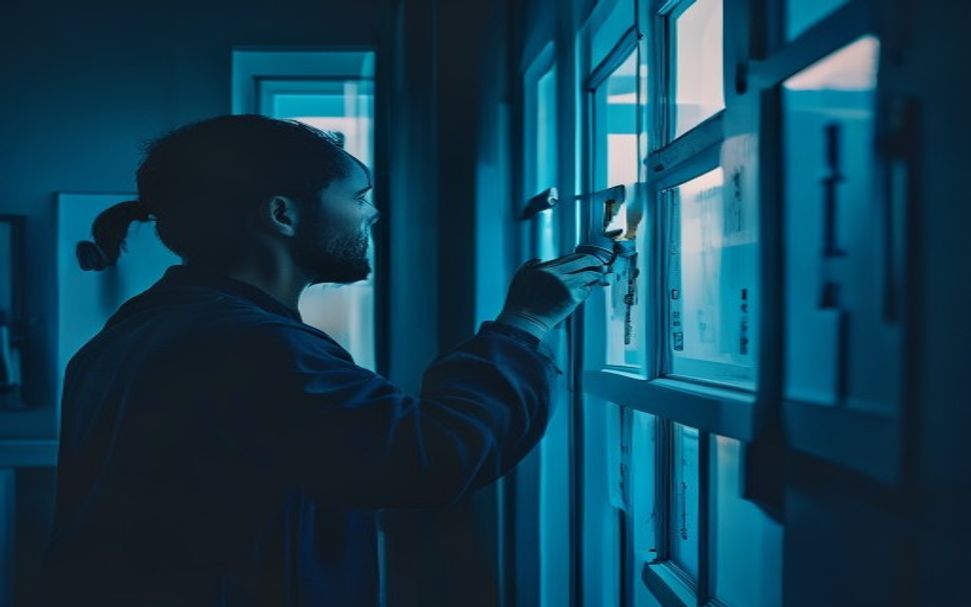 Осмотр стен и окон с уровнем при приёмке квартиры
