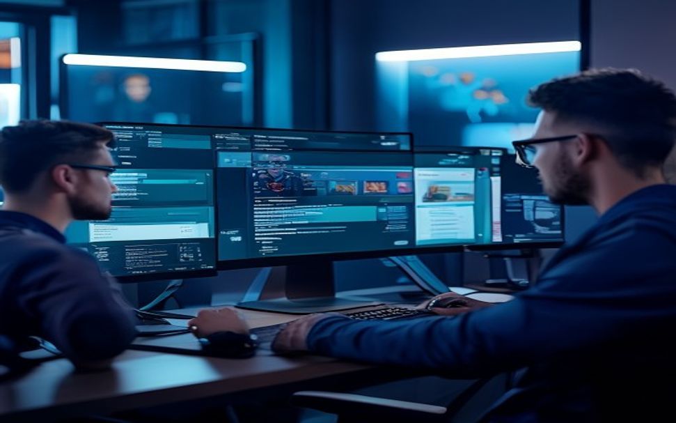 Веб-разработчик сравнивает платформы для сайта на нескольких экранах