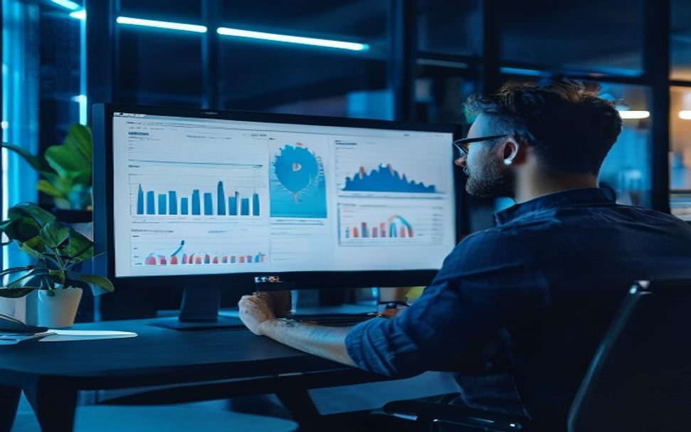 SEO-специалист изучает графики роста трафика сайта на большом мониторе